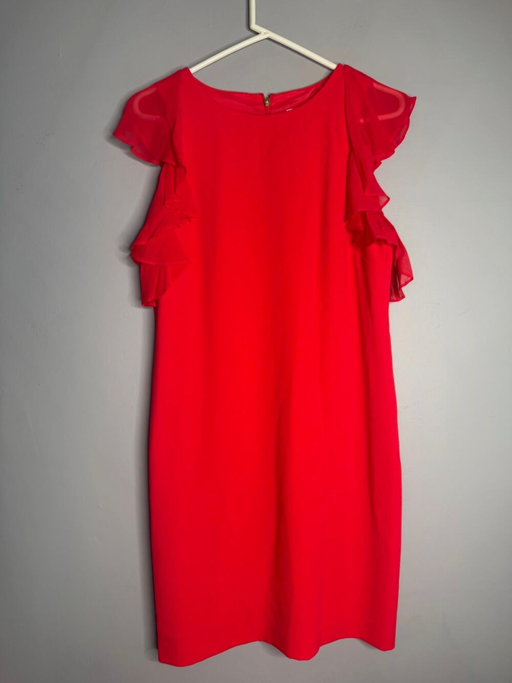 Trina Turk Womens Size 8 Red Ruffle Sleeve Crew Neck Sheath Shift Mini Dress